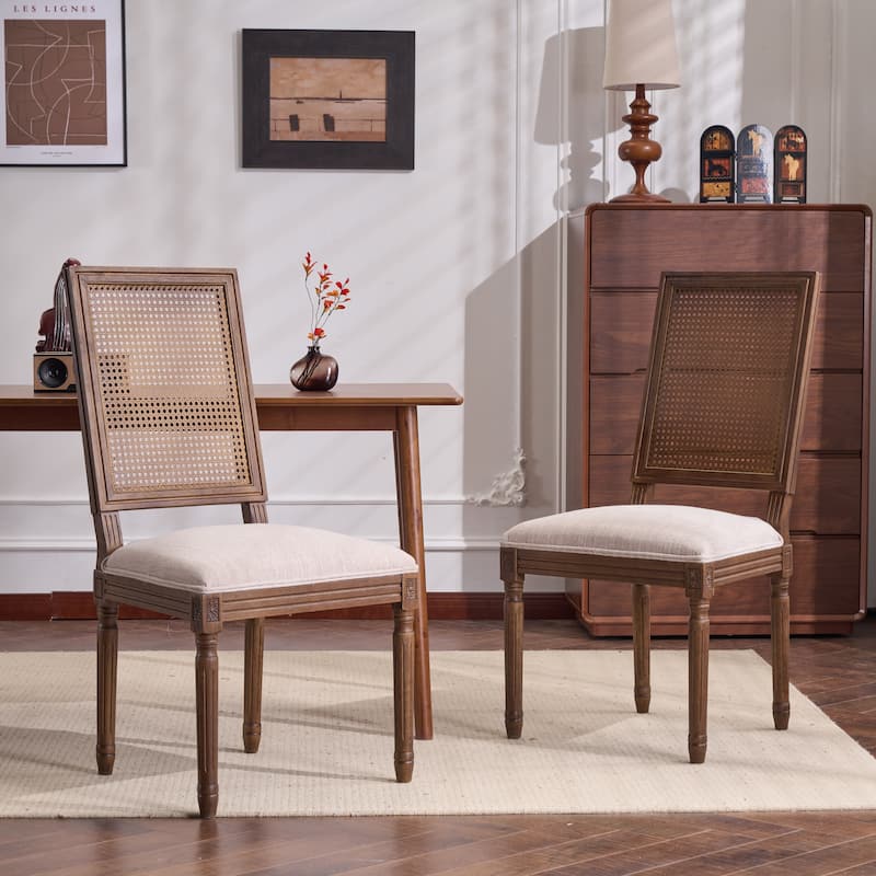Christopher Knight Home - French Country Dining Chairs Set with Elegant Cane Backrest & Upholstered Seats with Fluted Legs - Set of 2 - Beige + Walnut