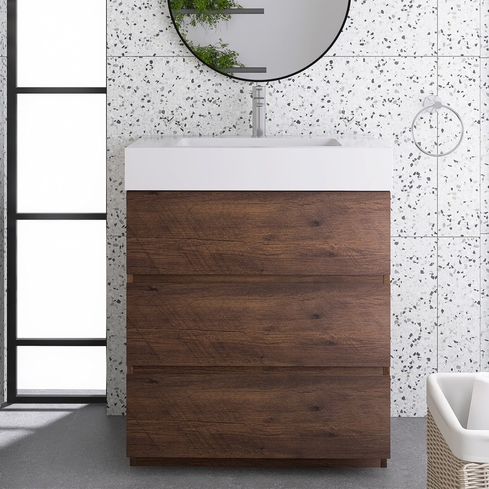 Wood Freestanding Bathroom Vanity Set with White Integrated Resin Sink