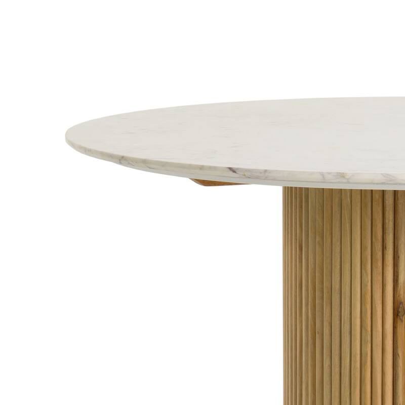 Cid Jolie Dining Table, Fluted Brown Wood, Round Carrara Marble Top, 47 Inch - Brown, White