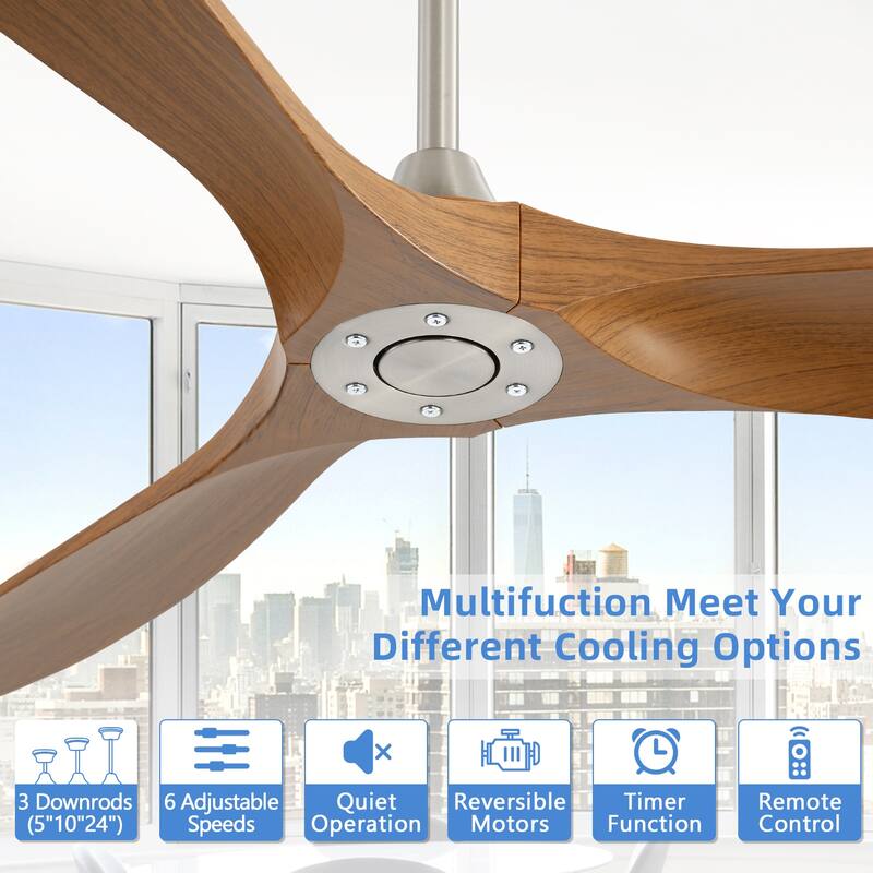 60" Smart Nickel Wood Ceiling Fan without Light, App/Remote Control