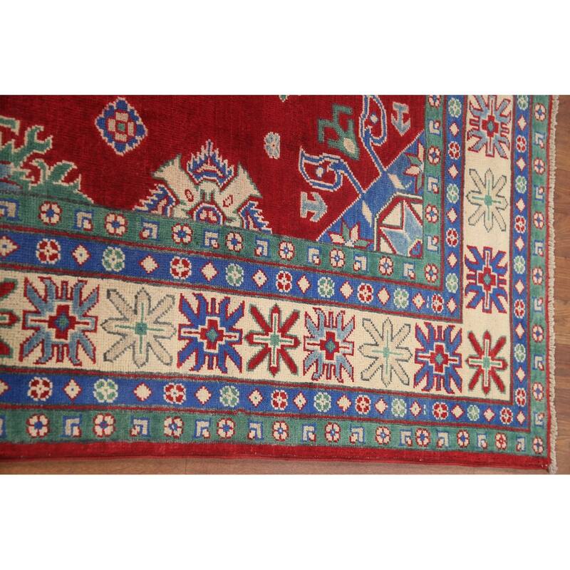 Hand Knotted Oriental 100% Wool Carpet Traditional Geometric Red Kazak Area Rug - 9' 7'' X 6' 7''