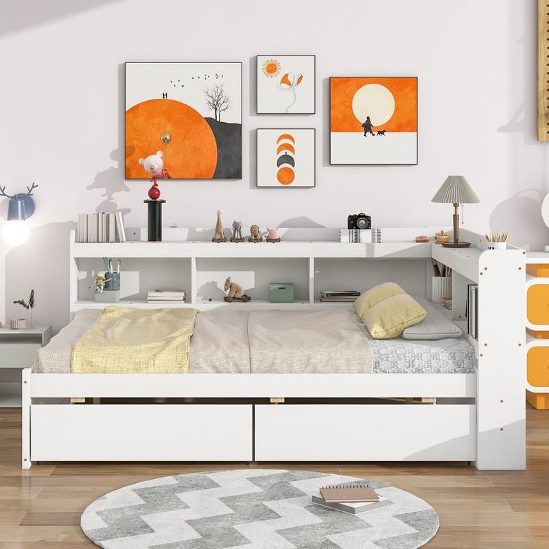 Full Size Platform Bed with L-shaped Bookcases, Drawers - White