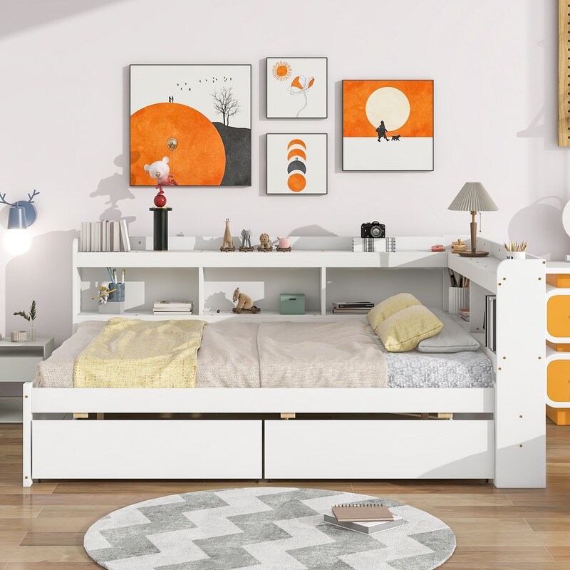 Twin/Full Bed with Storage Drawers and L-Shaped Bookcases, - Picture 8 of 15