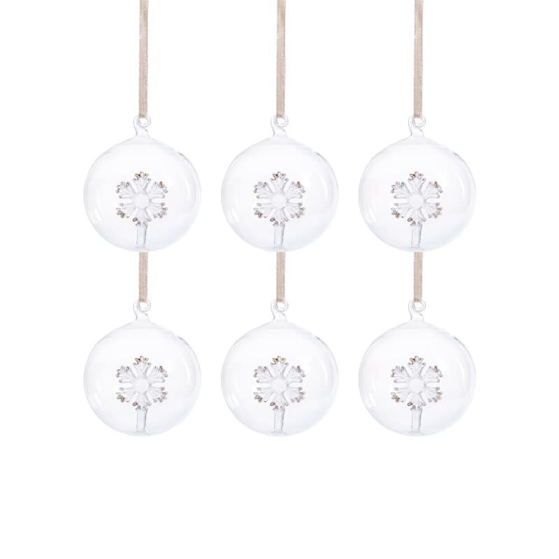Clear Glass Ball Ornaments with Holiday Snowflake Motif, Set of 6, 3.25"