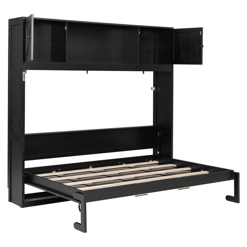 Full Size Murphy Bed with Storage Cabinets, Black