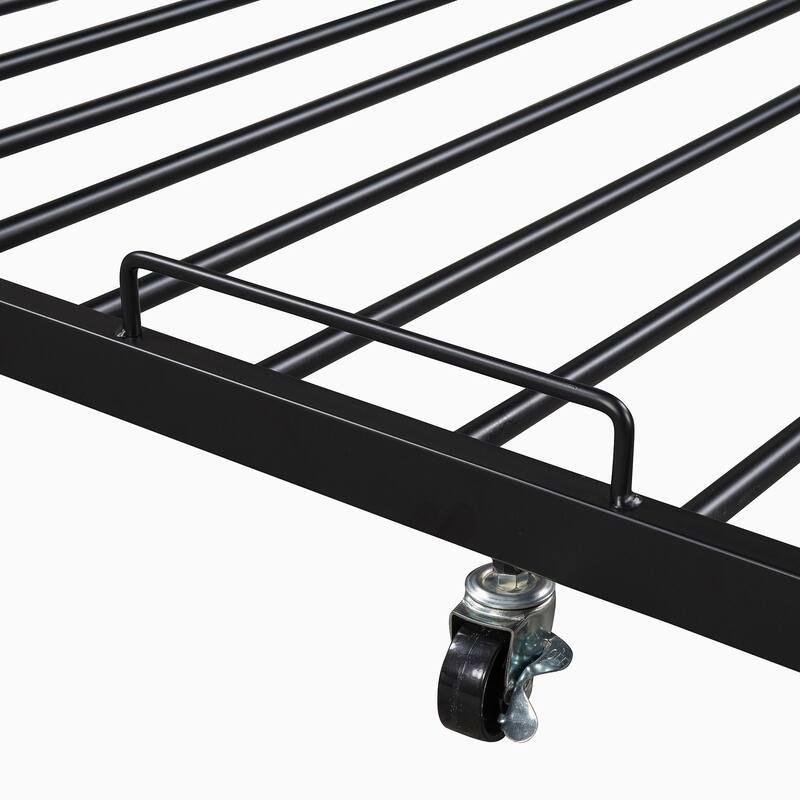 Queen Size Metal Platform Bed with Trundle, USB Ports and Slat Support