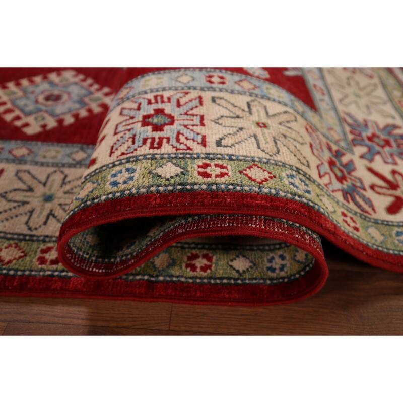 Red Geometric Kazak Rug Hand-Knotted Traditional Wool Carpet - 5'0" x 7'0"