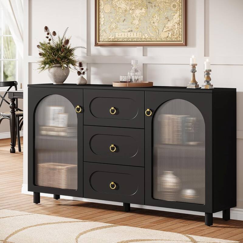 Modern Large Buffet Cabinet with Storage, 59" Wooden Storage Cabinet with 2 Acrylic Doors & 3 Drawers - Black
