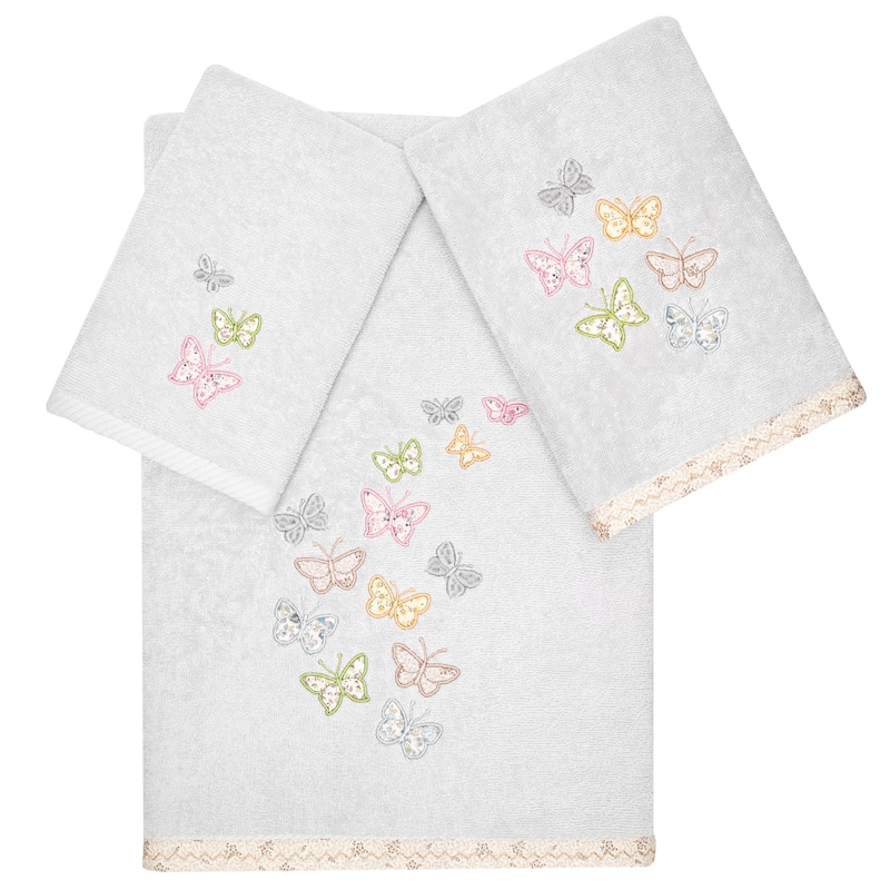 Authentic Hotel and Spa 100% Turkish Cotton Mariposa 3PC Embellished Towel Set - Silver
