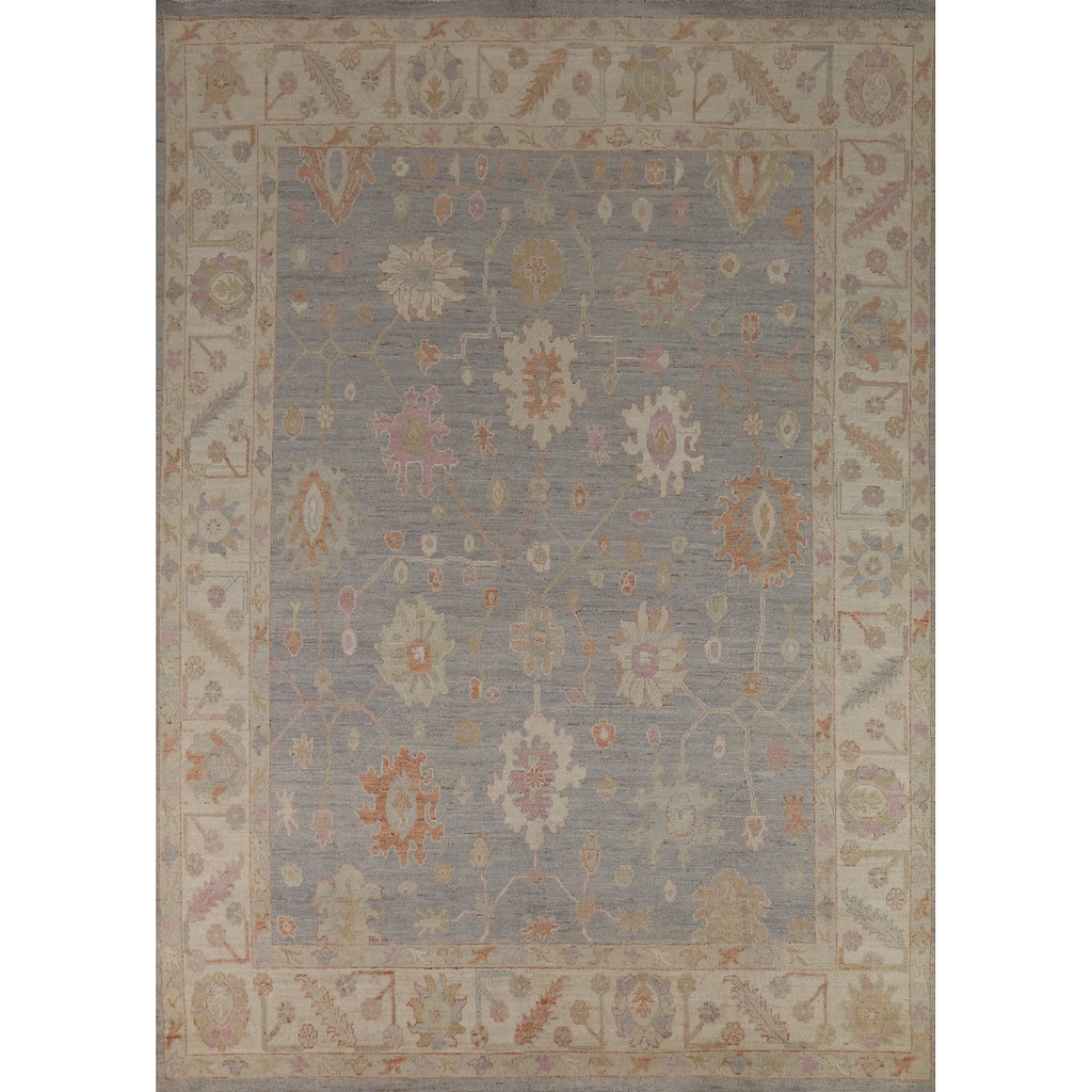 Vegetable Dye Oushak Turkish Area Rug Handmade Blue Floral Wool Carpet - 7'11" x 10'0"