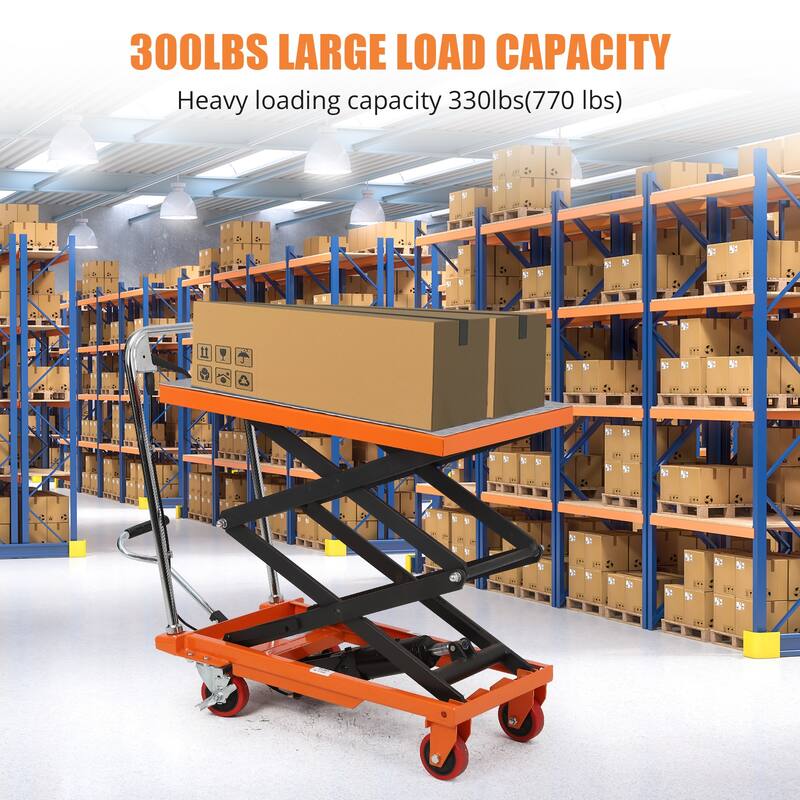 330lbs Hydraulic Lift Table Cart Double Scissor with 4 Wheels - N/A