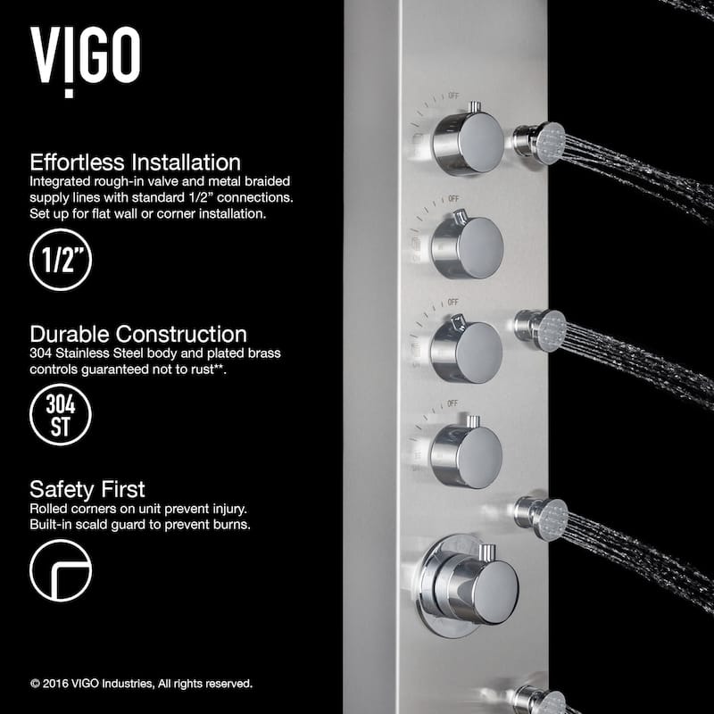 Vigo Brielle Shower Panel System with Hose, Hand Shower, Six Body