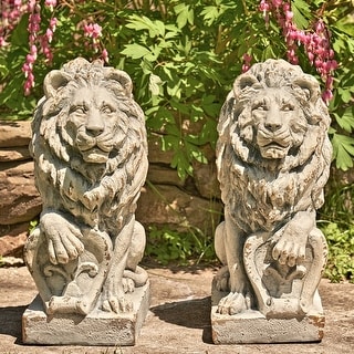 21"T Set/2 Magnesium Guardian Lion Statues w/ Fleur-De-Lis