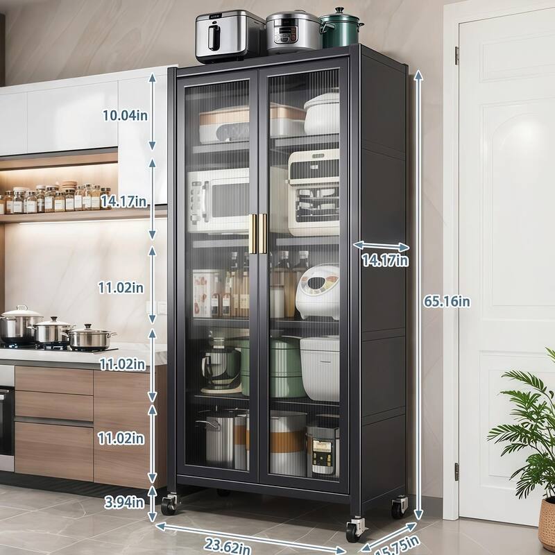 65" Metal Pantry Cabinet - 6-Tier with Wheels & Glass Doors