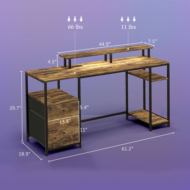 LED Gaming Desk with USB Ports & Power Outlets, Office Desk with Adjustable Foot Pads & Storage Shelves