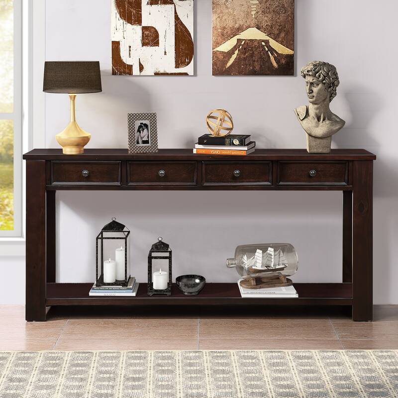 Pine Wood Console Table with 4 Drawers and Bottom Shelf for Entryway Hallway