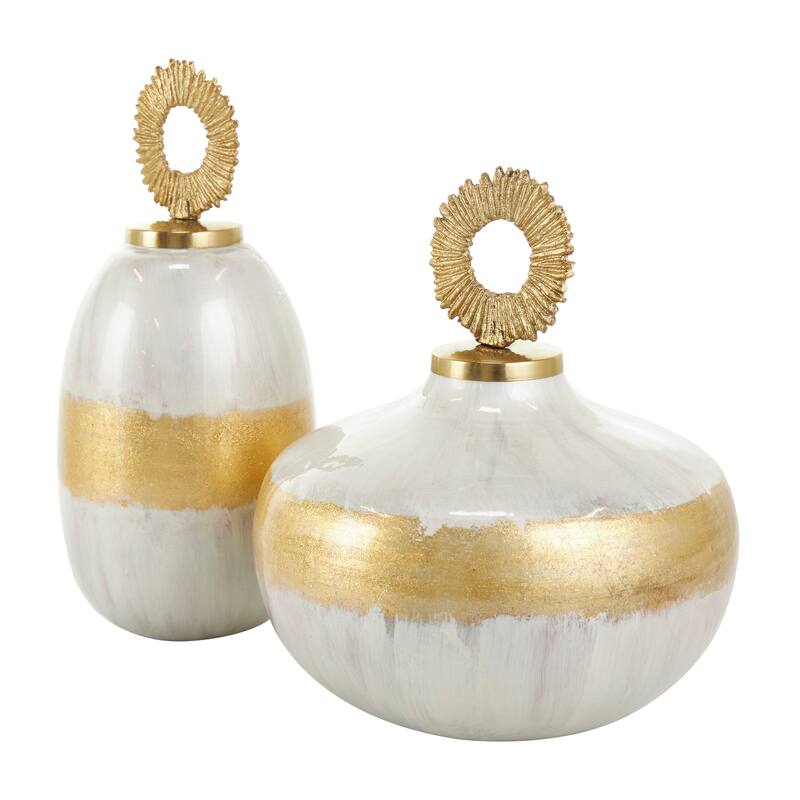 White or Blue Metal Decorative Jars with Ring Handles (Set of 2)