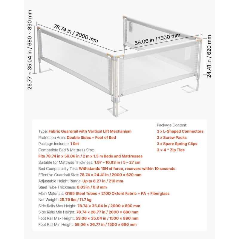 Grey Steel Oxford Fabric Kids Bed Rails with Mesh Adjustable Height for Everyday Use