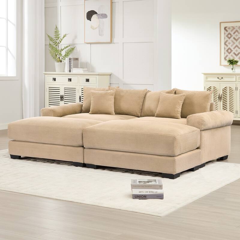 Sectional Couch with 2 Movable Ottomans, 92" Corduroy Couches for Living Room, Upholstered Sofa Couch with Deep Seat for Bedroom