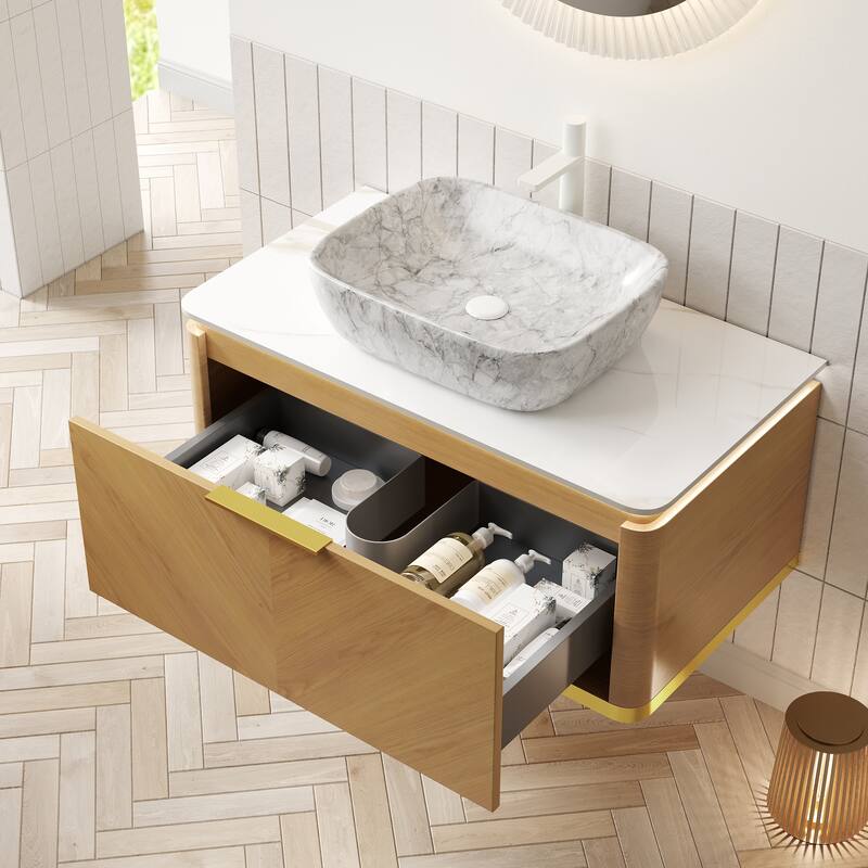 36" Bathroom Vanity with Vessel Sink One Drawer Floating Storage Cabinet with Sensor Light, Pre-assembled