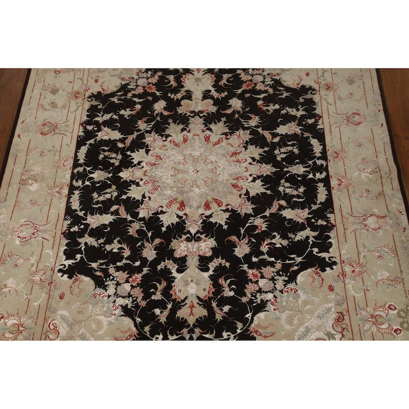 Hand Knotted Oriental Wool & Silk Carpet Traditional Floral Black Tabriz Area Rug - 7' 1'' X 4' 10''