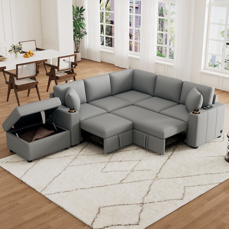 Roomfitters 84.7" Convertible Sectional Sofa Bed with Pull-Out, L-Shaped U-Shaped Configuration & Storage Ottoman - Grey