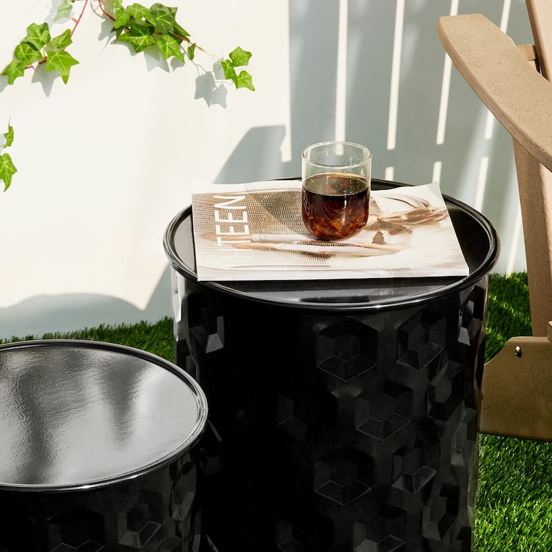 Glitzhome Set of 2 Glossy Black Metal Outdoor Table Accent Stool - 14.25"W x 14.25"D x 18.75"H