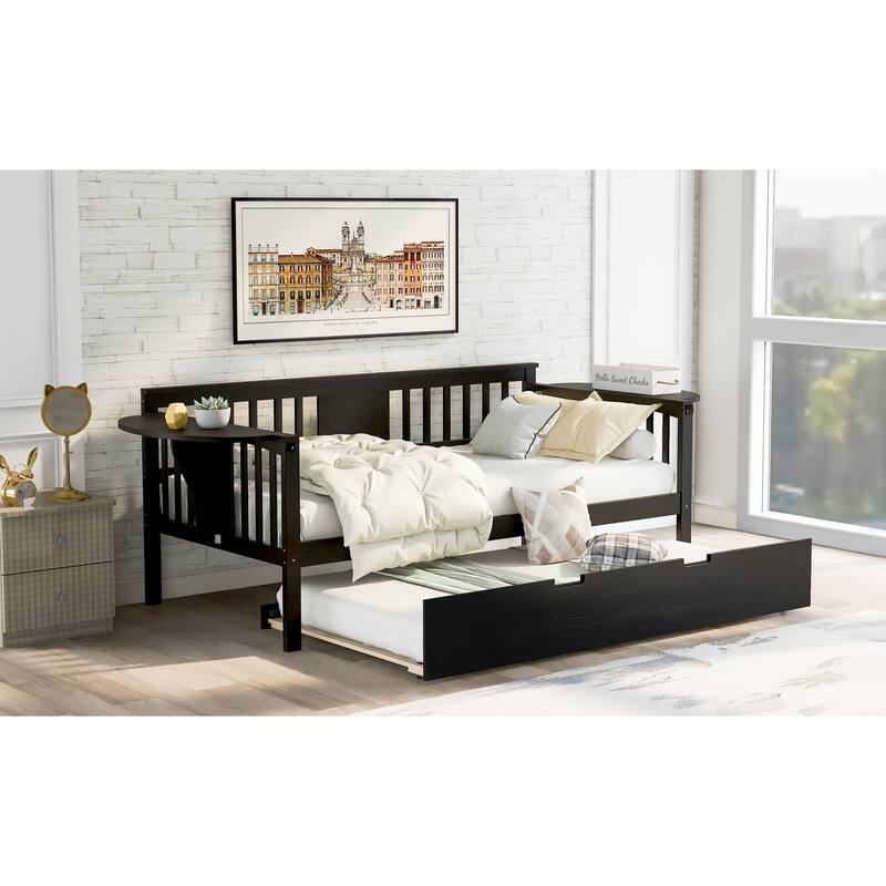 Twin Size Daybed with Twin Trundle, Wood Sofa Bed with Hand Rest, Solid Wood Slats Support