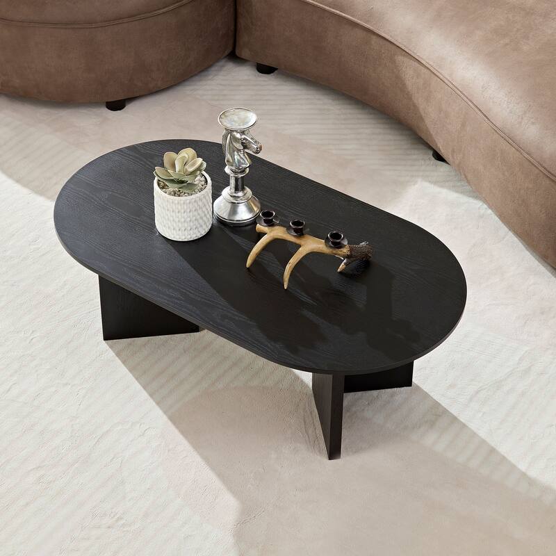 Length 39.37 Inch Modern Coffee Table,MDF Oval Coffee Table for Living Room,Small Coffee Table with Sturdy Pedestal