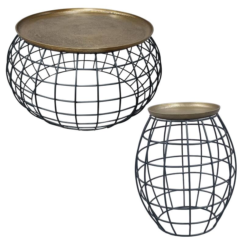 Milo 2-Piece Coffee Table and End Table Set - Round Antique Brass Tray Top with Curved Cage Design Black Iron Base