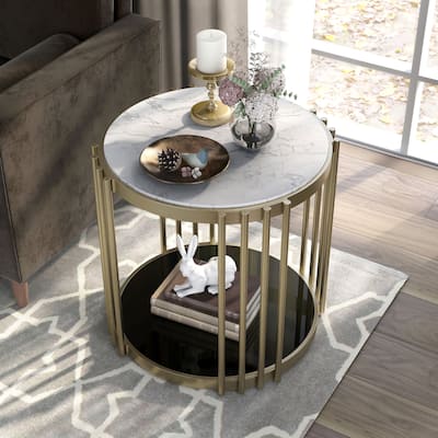 Roberts Glam Brass and White 26-inch Faux Marble 1-Shelf Drum Side Table by Furniture of America