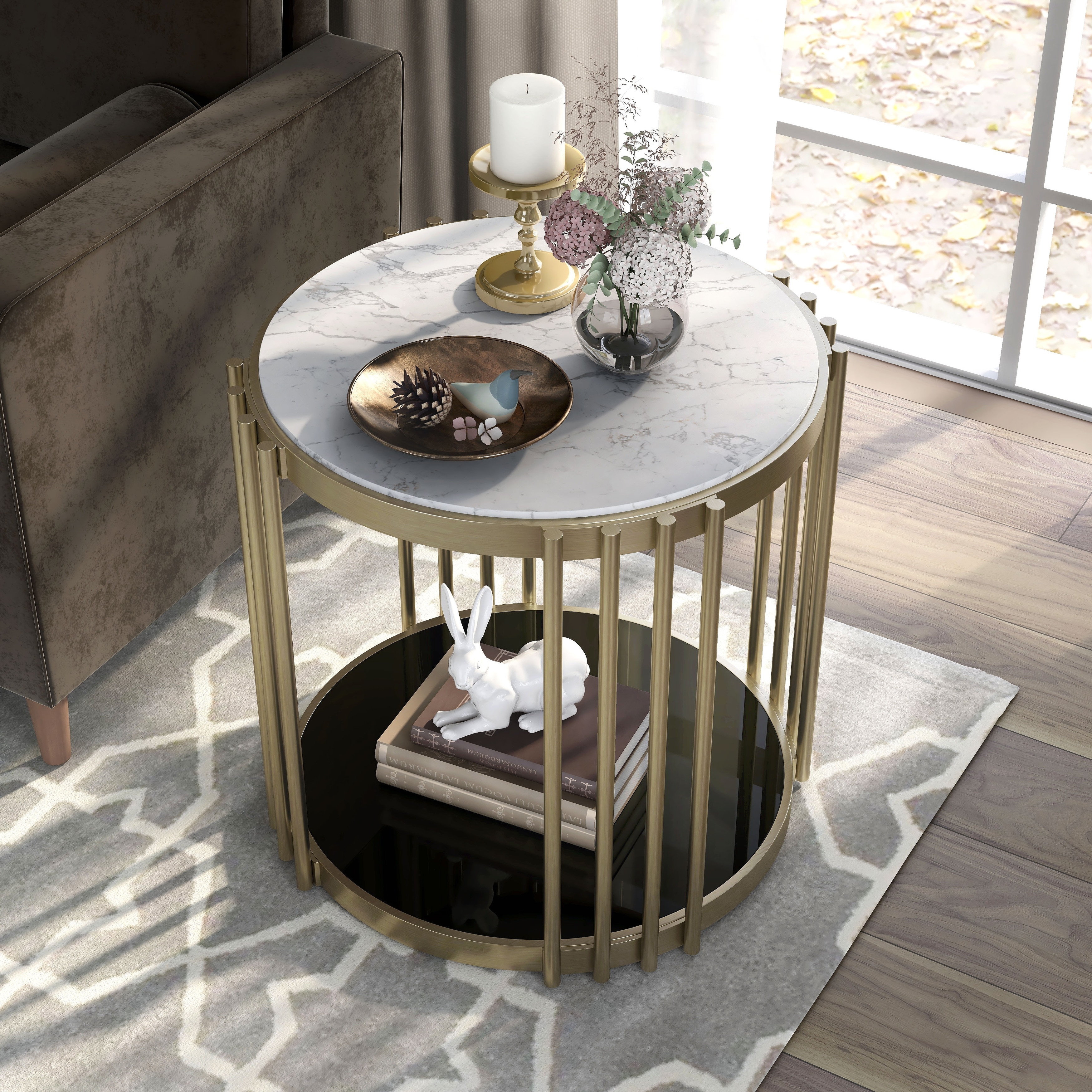 Roberts Glam Brass and White 26 inch Faux Marble 1 Shelf Drum Side Table by Furniture of America Bed Bath Beyond 34843470