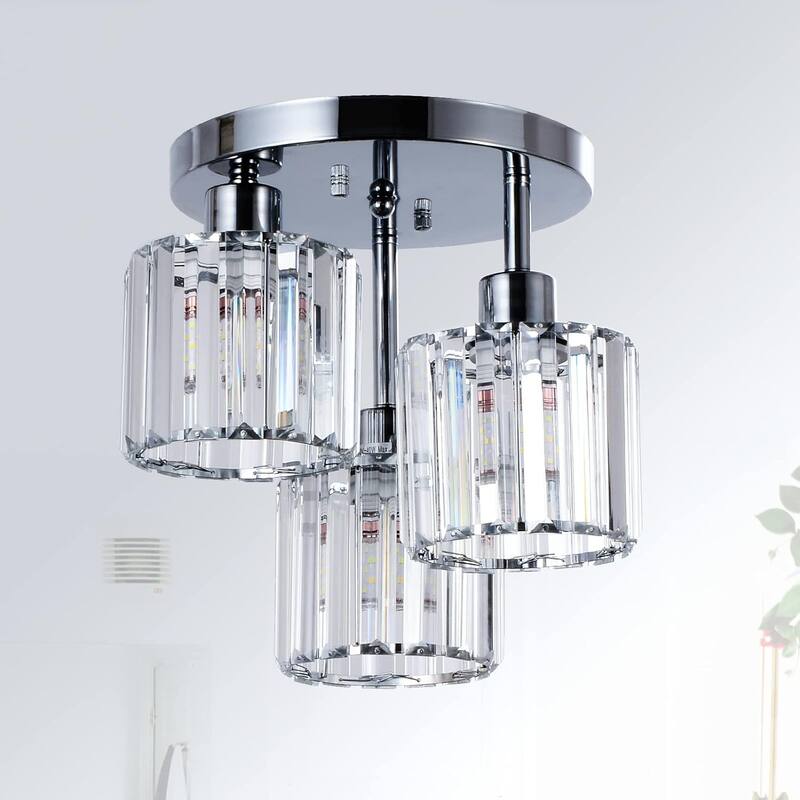 Modern 3-Light Crystal Semi Flush Mount Ceiling Light for Hallway Bedroom Bathroom - Silver
