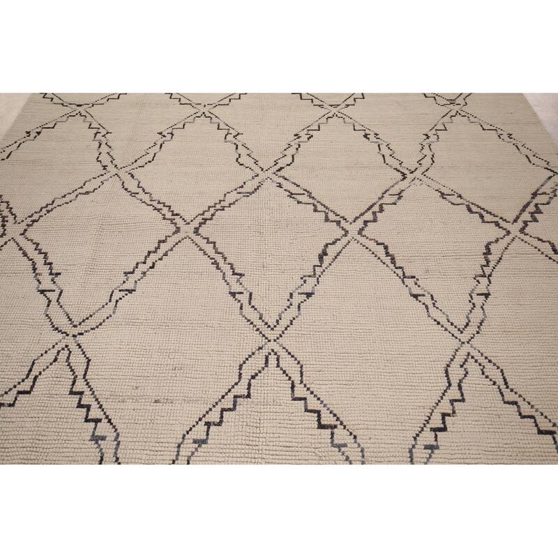 All-Over Trellis Ivory Moroccan Area Rug Handmade Wool Carpet - 7'11"x 11'0"