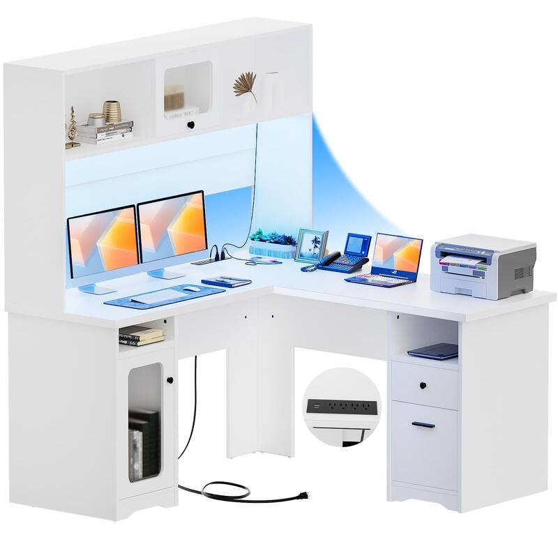 L Shaped Desk with File Cabinet and Hutch, Home Office Corner Computer Desk with Drawers and Charge Station