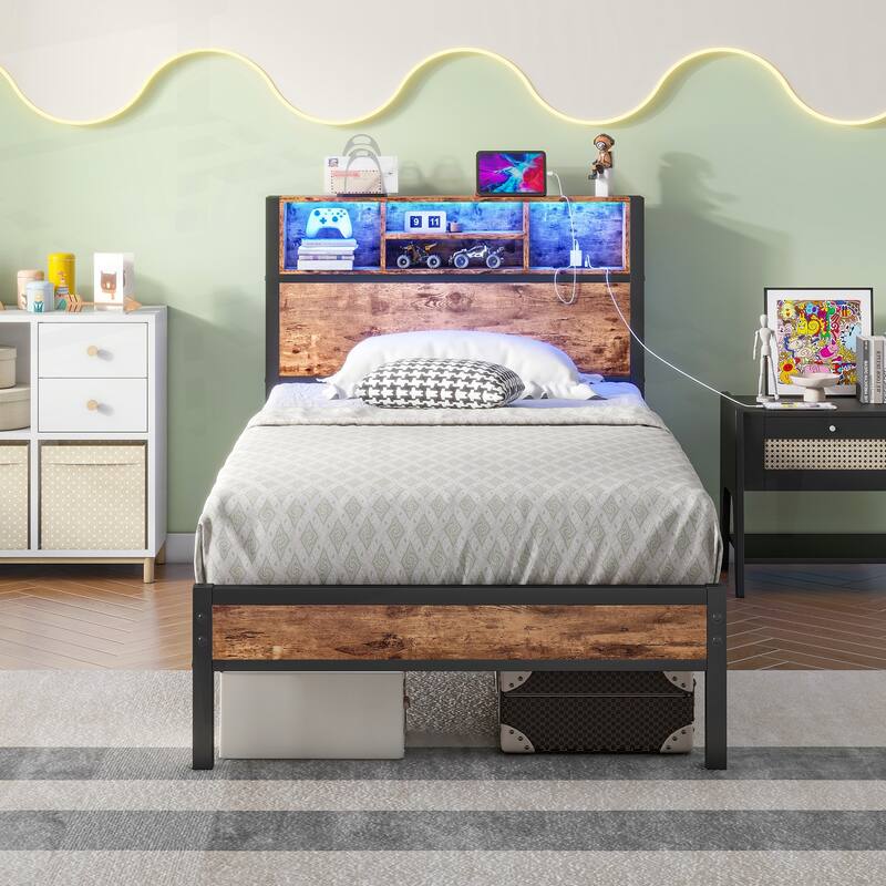 Versatile Metal Platform Bed with Multiple Storage Options and Advanced Features - Brown - Twin