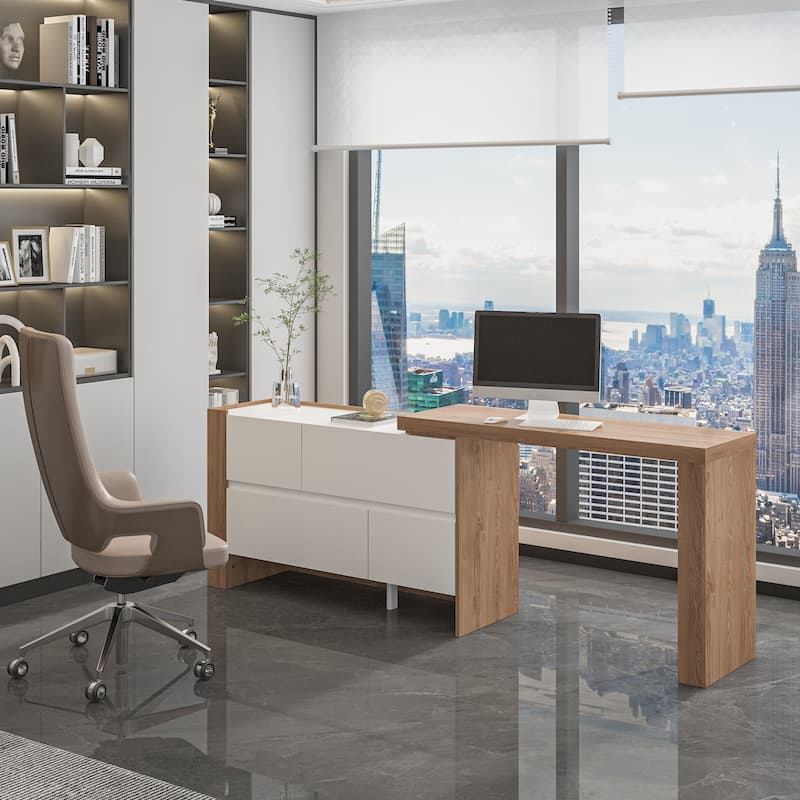 Versatile L-Shaped Desk and Vanity - White & Light Walnut Bedroom Desk