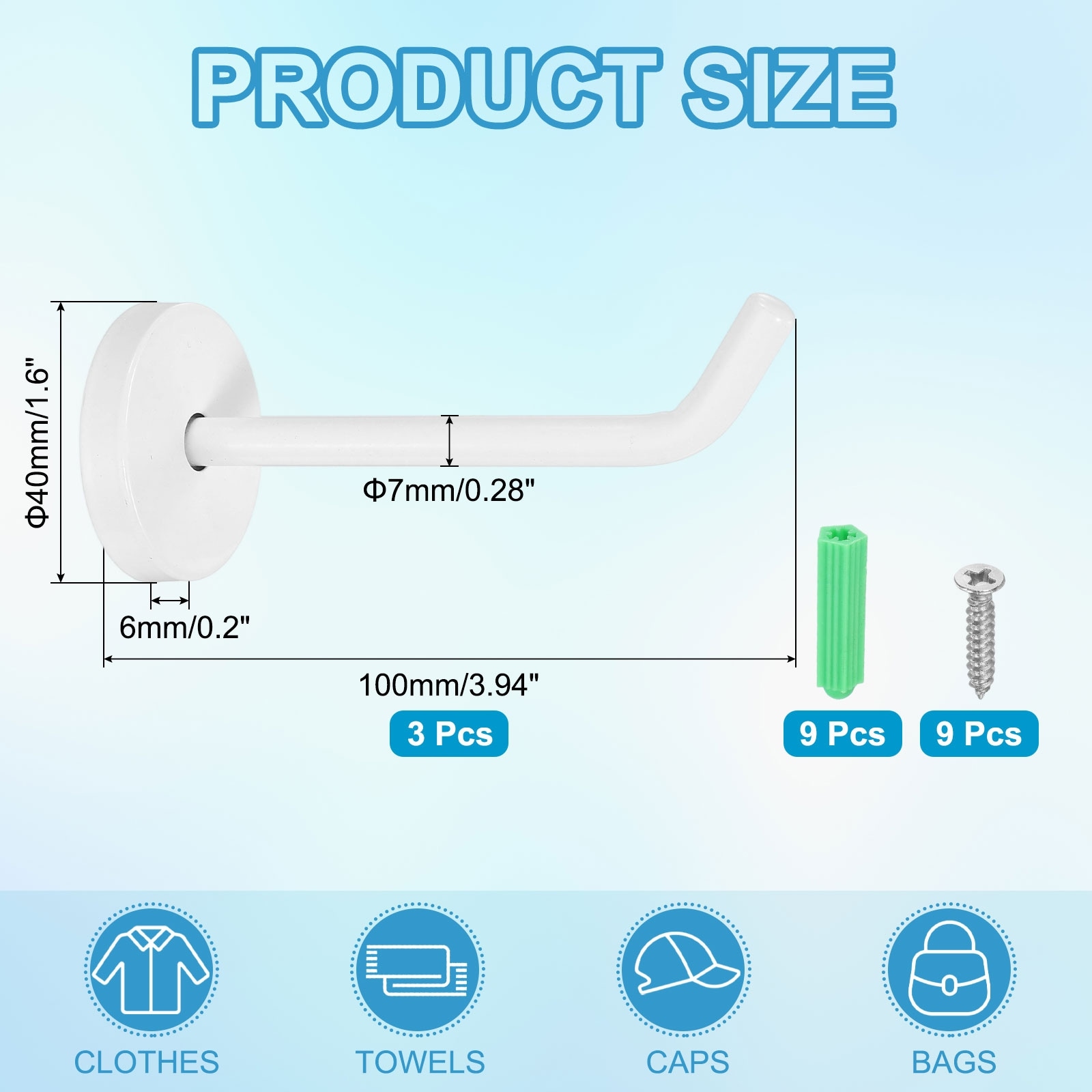 3Pcs Stainless Steel Coat Hooks, 2x0.3" Elephant Nose Hooks, Silver