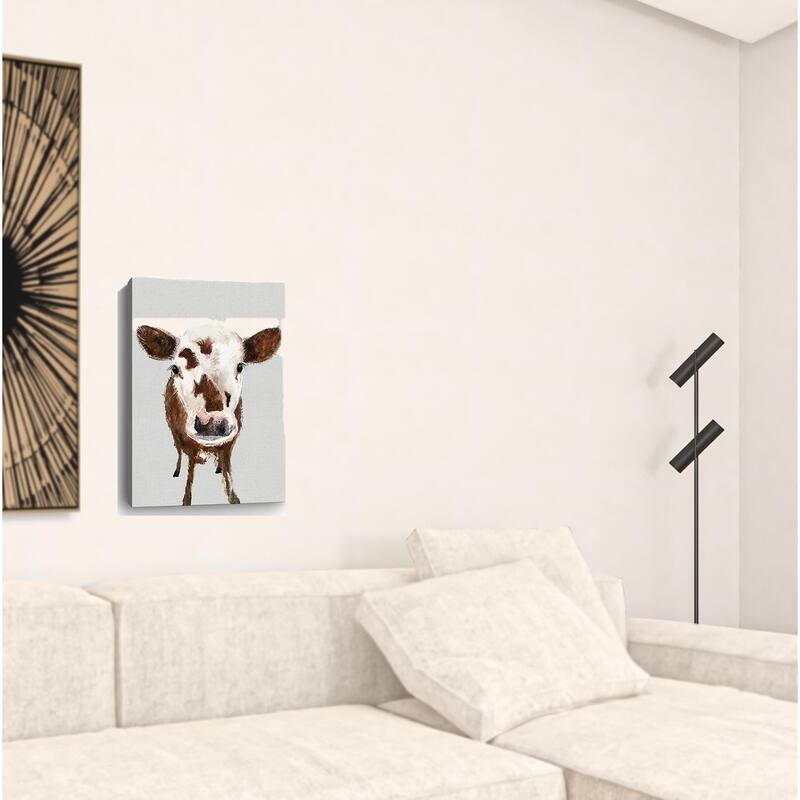 HomeRoots 24" x 16" Brown and White Baby Cow Face Canvas Wall Art