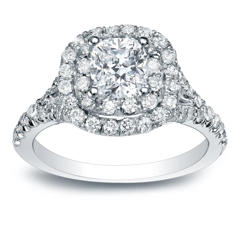 Auriya 14k Gold 1 3/4ctw Cushion-cut Double Halo Diamond Engagement Ring Certified (H-I, SI1-SI2) - White - 4
