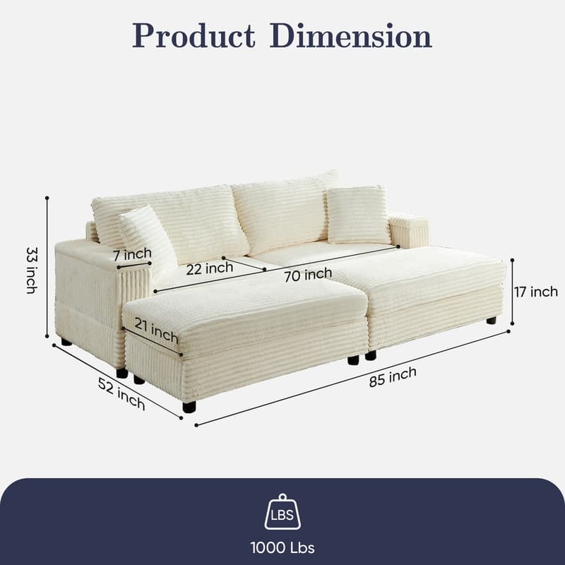 Mixoy 85‘’Corduroy Loveseat Chaise Lounge with Storage Ottoman&Armrests,Upholstered 2-Seater Sleeper Reclining Chair Indoor