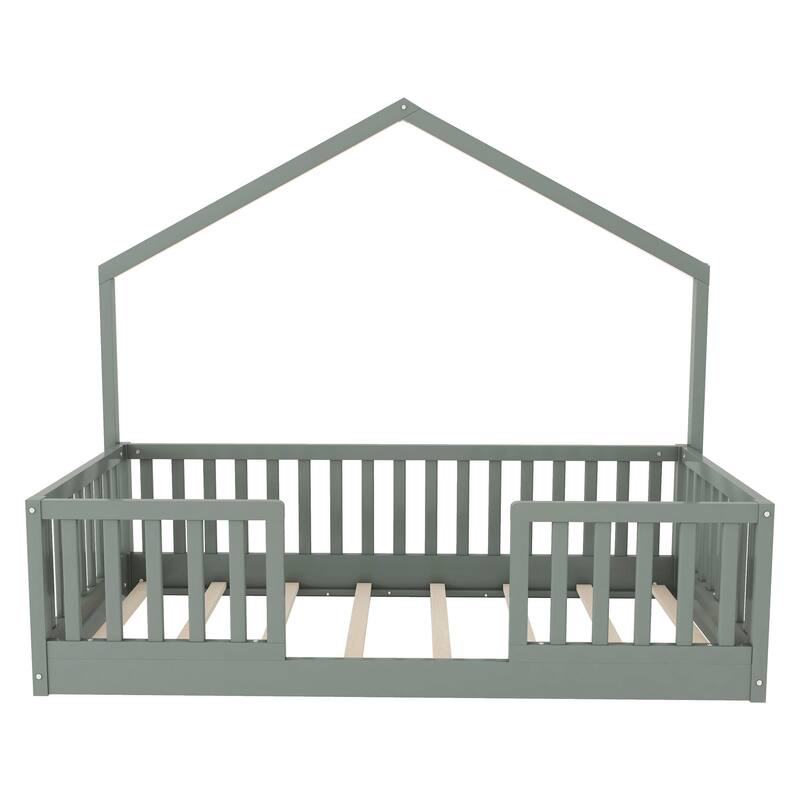 Roomfitters Twin/Full Floor Platform Bed, House Frame and LED Light with Wooden High Rails for Bedrooms or Guest Rooms