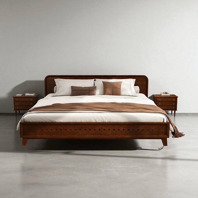 Queen/King Size Bed with Solid Pine Wood Frame, No Box Spring, Stable, Elegant Headboard - Dark Walnut - King