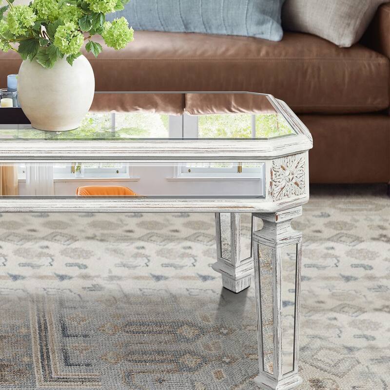 Vintage-Inspired Mirrored Coffee Table with Exquisite Carvings for Living and Office
