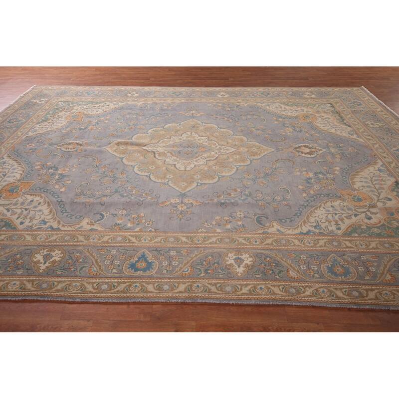 Tabriz Persian Vintage Area Rug Hand-Knotted Blue Wool Carpet - 9'10"x 12'9"
