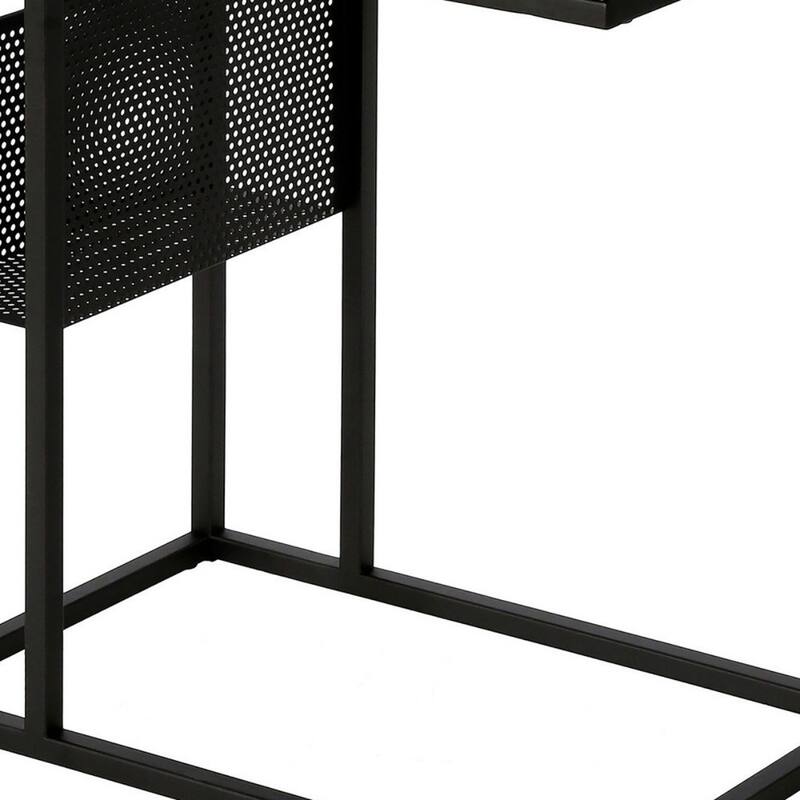 Brown Wood C Table with Black Steel Base and Magazine Rack Storage - 12” x 20” x 22” (D x W x H)
