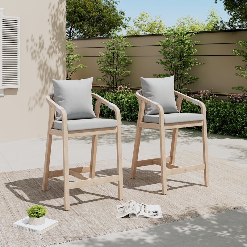 Outdoor Acacia Wood Bar Stools with Rope Back, Set of 2