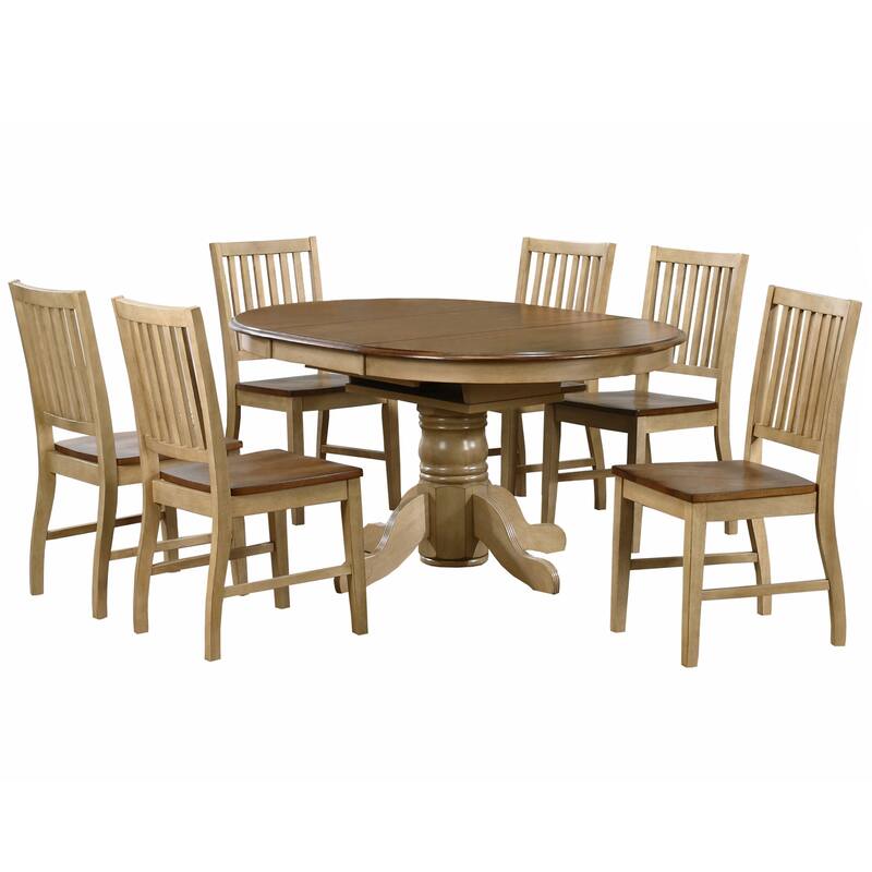 Extendable Dining Set 7 Piece - 42" Round/60" Oval Table & 6 Slat Back Chairs