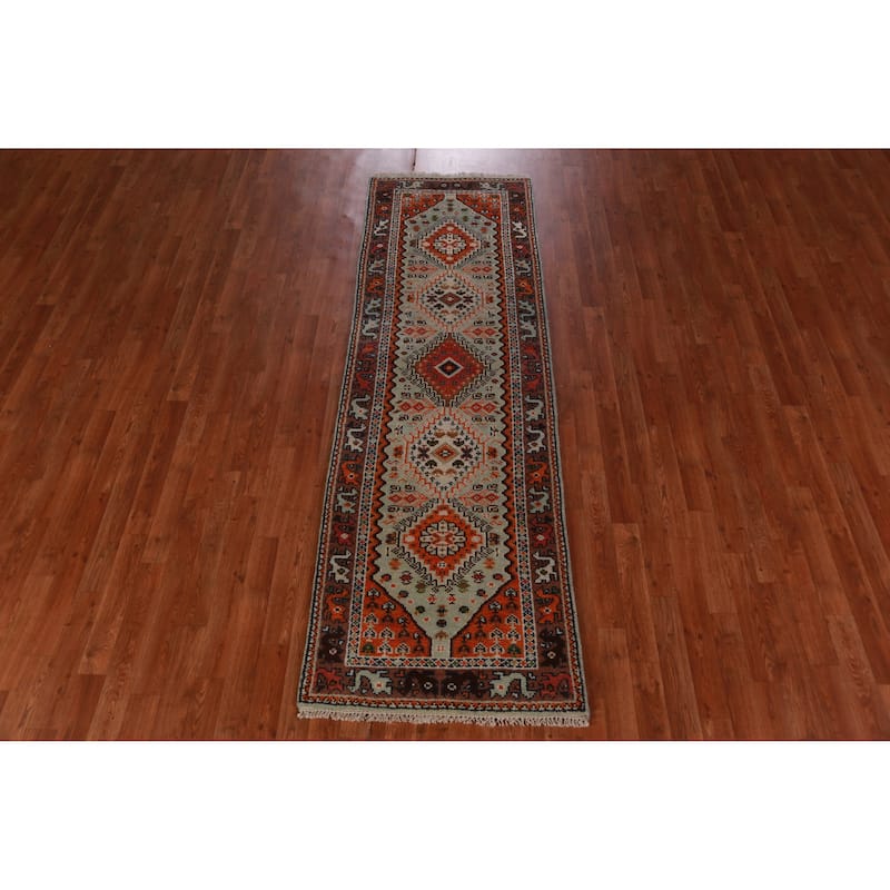 Hand Knotted Oriental 100% Wool Carpet Traditional Geometric Green Heriz (serapi) Runner Rug - 8' 2'' X 2' 6''