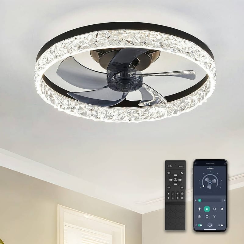 20 in. LED Indoor Black Crystal Flush Mount Ceiling Fan with Light Dimmable for Low Profile Kids Room - Black